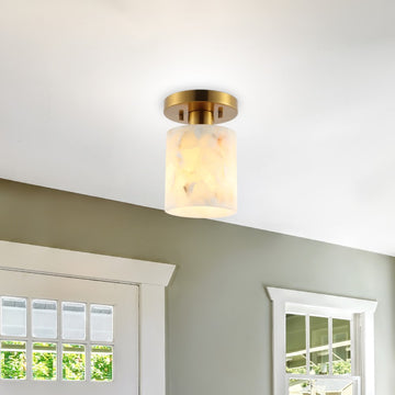 Jules 5.13" 1-Light Modern Contemporary Alabaster/Iron Cylinder LED Semi Flush Mount - JONATHAN Y